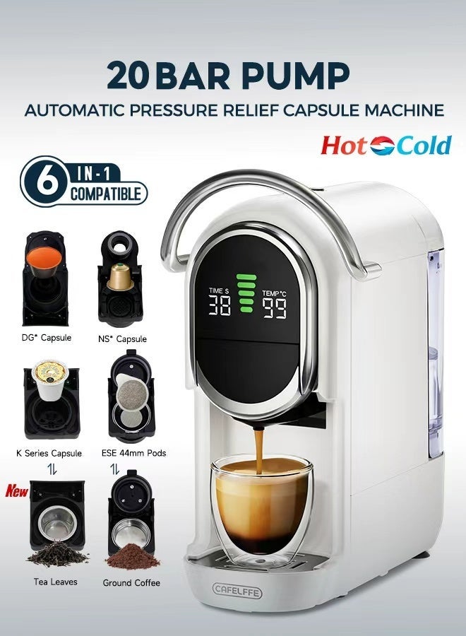 كافلف ماكينة قهوة كبسولات مطورة 6 في 1 مع صمام تخفيف ضغط تلقائي، وضبط درجة الحرارة، و7 مستويات لحجم القهوة | مناسبة لأوراق الشاي، والكبسولات، وكبسولات ESE 44mm، ومسحوق القهوة، بقوة 1450 واط، لون أبيض - Image 1